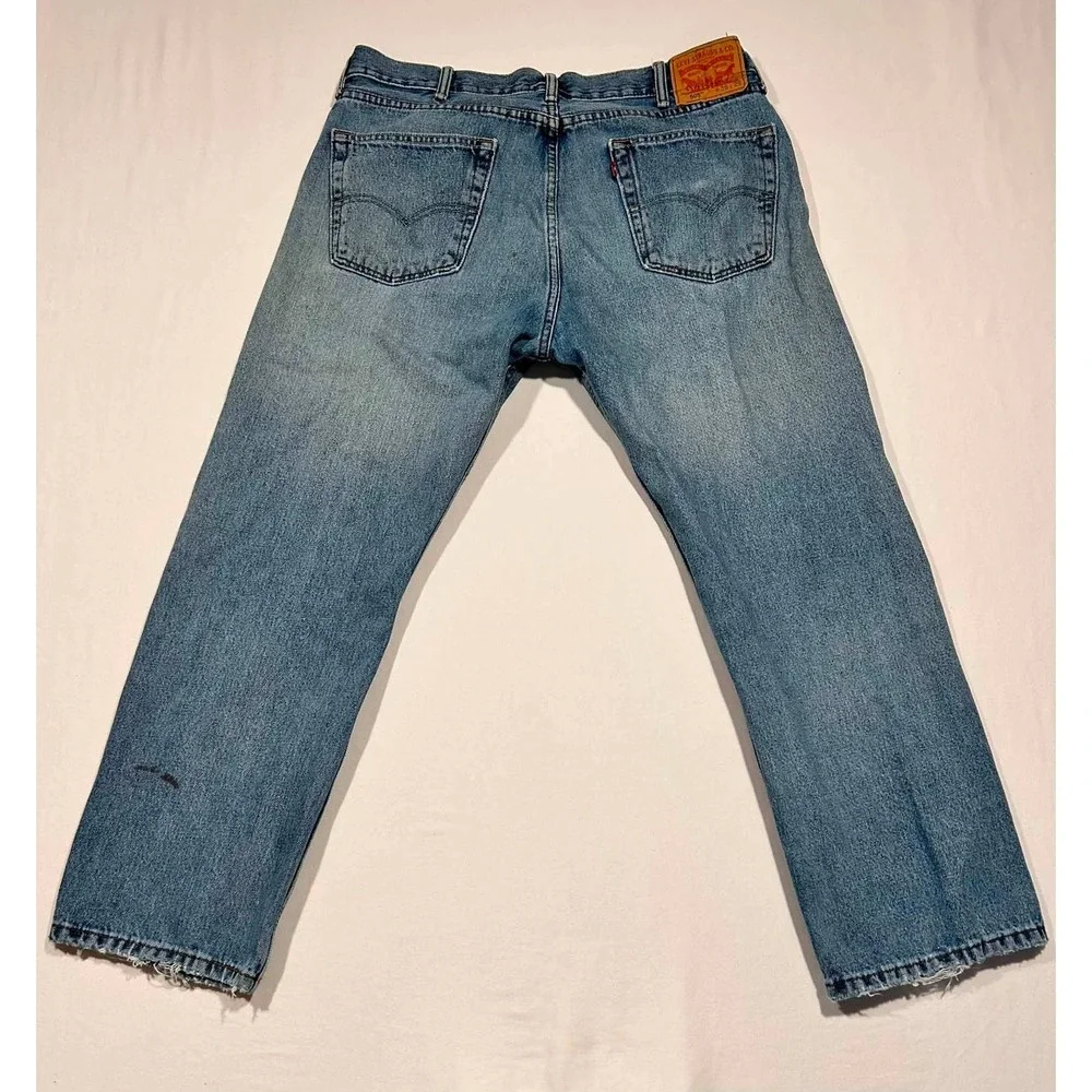 Levis 505 Regular Fit Jeans Mens 38x29 Light Wash Distressed Blue Denim
